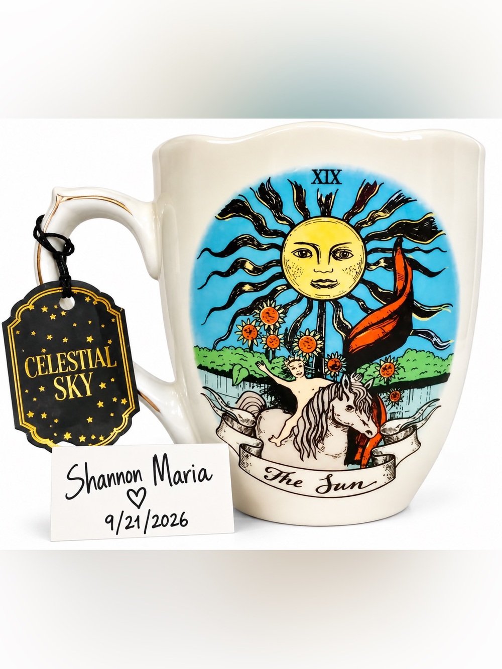 'The Sun' Tarot Ceramic Mug — White with Multicolor Tarot Art